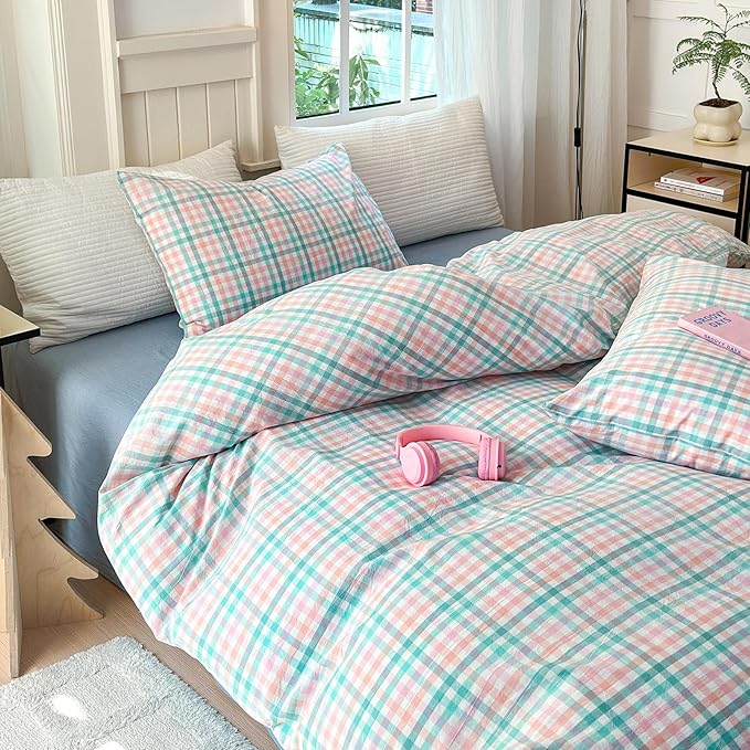 LifeTB Gingham Comforter Set King 3 Pieces Multi-Colored Grid Comforter Lightweight Checkered Plaid Comforter Set with 2 Pillowcases Fluffy Soft Grid Printed Pattern Farmhouse Gingham Bedding Set