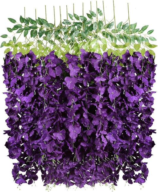 3.6ft 12PCS Artificial Wisteria Hanging Flowers Faux Wisteria Flower Vines Garland Silk Flowers Garland Fake Hanging Flowers String for Wedding, Garden, Wall Decoration (Dark Purple)