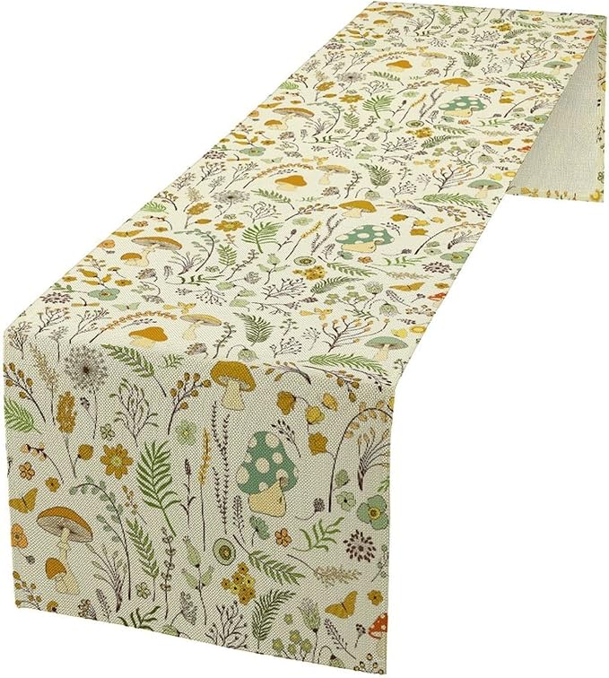 Wild Mushroom Table Runner, Vintage Botanical Rustic Retro Wildflower Herbs Plants Green Mushroom Table Cover for Home Kitchen Dining Decor Indoor Outdoor Party, 13x36inch