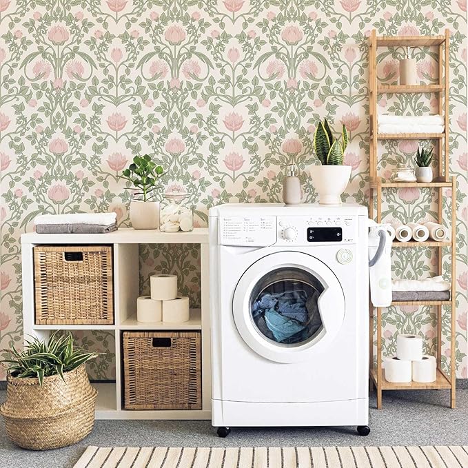 Floral Wallpaper Peel and Stick - 393.7" × 17.3" Pink and Green Wallpaper for Bedroom Decorative Self Adhesive Shelf Drawer Liner