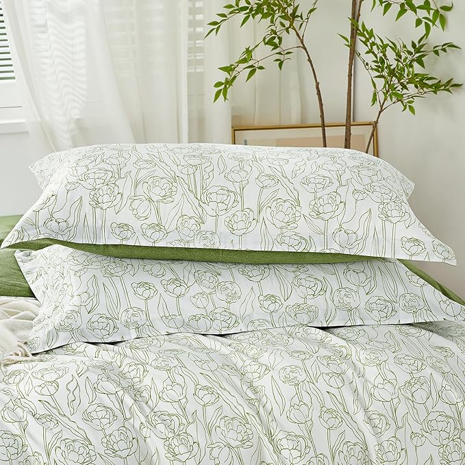 SAPHREAS White Duvet Cover Set Twin Size 2pcs Green Floral Bedding Comforter Cover Set 100% Cotton 1 Duvet Cover 68"x90" 1 Pillow Sham, Comforter Not Included