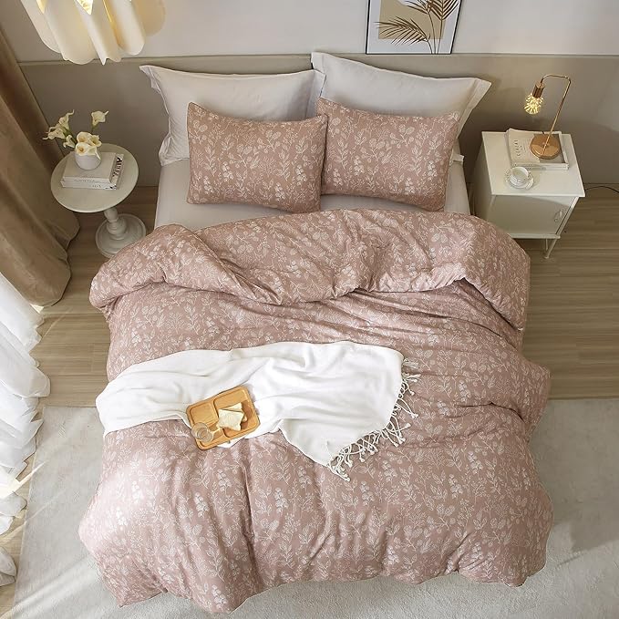HighBuy Twin XL Duvet Cover Floral 100% Cotton Girls Aesthetic Bedding Set Botanical Flowers Comforter Cover Twin XL with 2 Pillowcases Garden Style Chic Floral Bedding Duvet Cover Set,Mauve Brown
