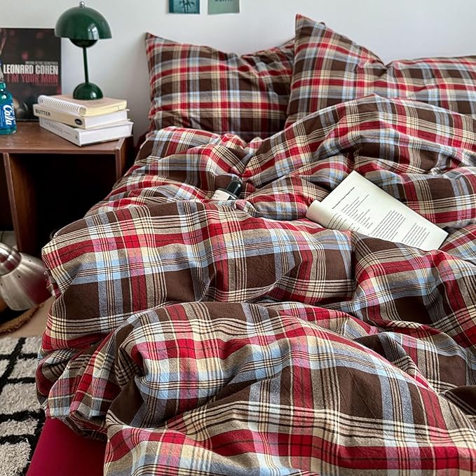 LifeTB Red Brown Plaid Comforter Set Queen, 3 Pieces Vintage Checkered Grid Bed Comforter with 2 Pillowcases, Breathable Soft Comfy Farmhouse Plaid Pattern Printed Gingham Bedding Comforter Set