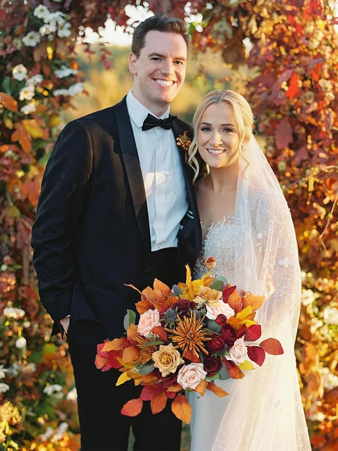 Rinlong 16" Wide Fall Wedding Bouquets for Bride Burnt Orange Bridal Bouquet for Wedding Artificial Terracotta Bouquets Boho Flowers