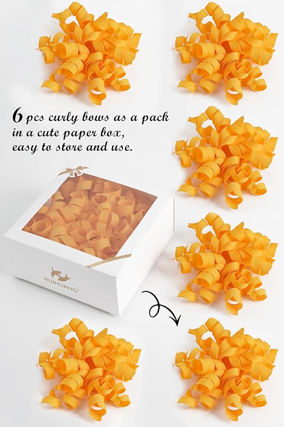 HUIHUANG Yellow Curly Ribbon Bows for Gift Wrapping, Yellow Gift Bows Self Adhesive Burst Gift Bows for Present Box, Wine Bottle, Treat Bags, Wrap Accessories, Party Favor - 6 Counts