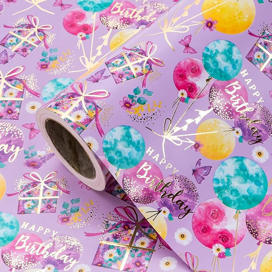 WRAPAHOLIC Purple Birthday Wrapping Paper - Mini Roll - 17 Inch x 16.5 Feet - Gold Foil Fantasy Purple Happy Birthday Paper for Kids, Girls, Women, Wedding, Bridal Shower