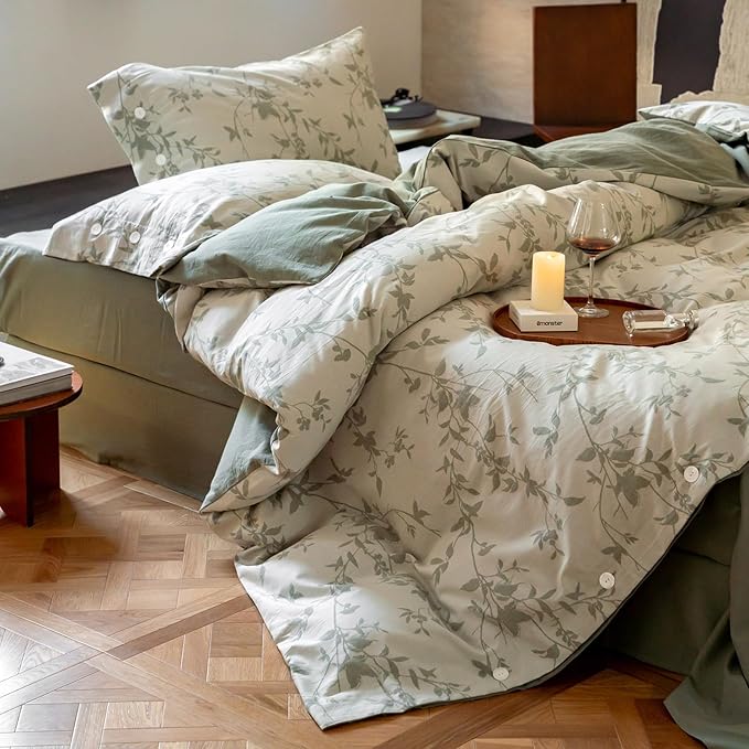 VM VOUGEMARKET Botanical Leaves Duvet Cover Set King Linen Cotton Bedding Set,3D Jacquard Yarn-Dyed Textured Comforter Cover with Button Closure-104 x90,Sage Green