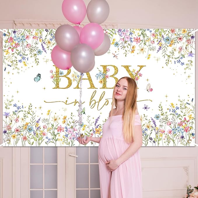 Avezano Baby in Bloom Backdrop Wildflower Baby Shower Party Decorations Watercolor Floral Baby in Bloom Banner Gold Glitter Butterfly Photography Background Cake Table Banner 70.8 x 43.3 Inch