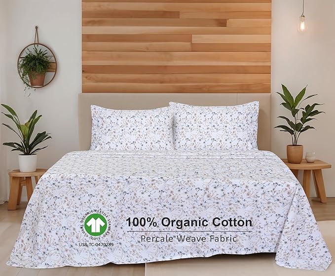 RUVANTI 100% Organic Cotton Sheets Split King, Percale Weave, GOTS Certified, 5-Piece Set, Deep Pocket 15", Crisp & Breathable, Soft Durable Bedding, Sábanas Algodón Orgánico – Tranquil