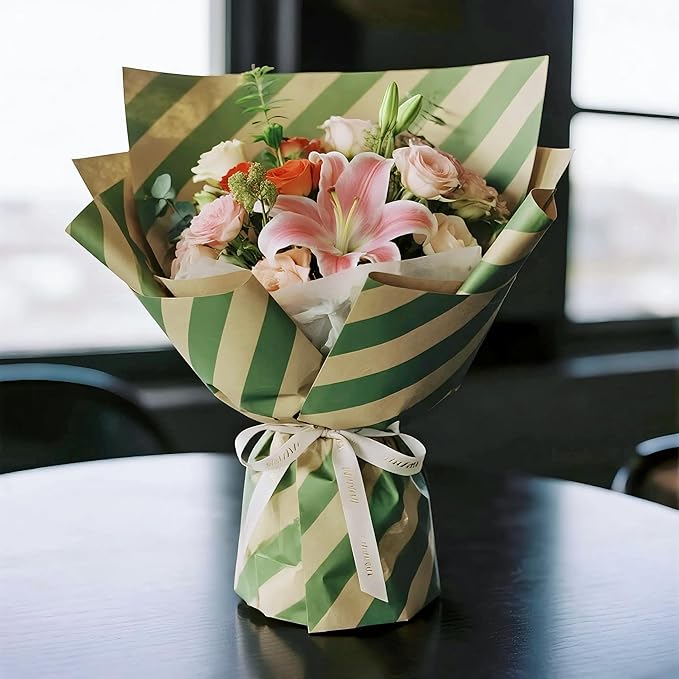 LeZakaa 20 Sheets Kraft Stripe Flower Wrapping Paper, Green Diagonal Stripes Floral Bouquet Paper for Christmas, Valentines, Mothers Day, Party, Birthday, Wedding, Baby Shower