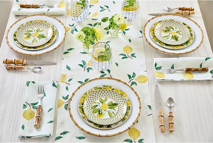 Solino Home Lemon Print Table Runner 90 Inches Long - 100% Pure Linen Table Runner 14 x 90 Inch - Machine Washable - Botanical Lemon/Off White Print