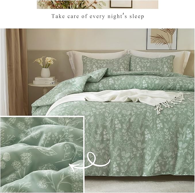 EAVD Girls Floral Duvet Cover Twin Sage Green Soft Cotton Chic Shabby Garden Floral Leaves Botanical Bedding Set with 2 Pillowcases Fresh Reversible Botanical Duvet Cover with Zipper Closure