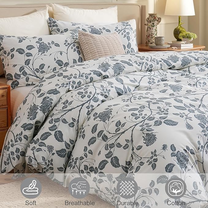 Bedding_Dreamer Comforter Set King Size Botanical Leaf Comforters 100% Cotton Comforter Blue Floral Bedding Sets Soft Breathable 3 Pcs