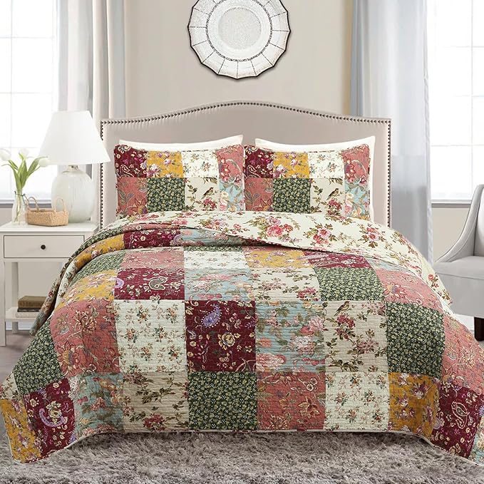 Cozy Line Home Fashions 100% Cotton Authentic Patchwork Quilt Bedding Set, Floral Vintage Antique Chic Reversible Coverlet Bedspread (Harvest, King - 3 Piece)