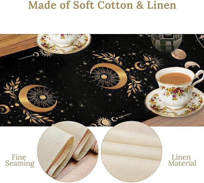 Gothic Moth Table Runner, Boho Gothic Sun Moon Phase Wildflower Mystical Witchy Farmhouse Coffee Table Center Decor for Home Kitchen Dining Patio Holiday Party Table Decorations 13x36 inches