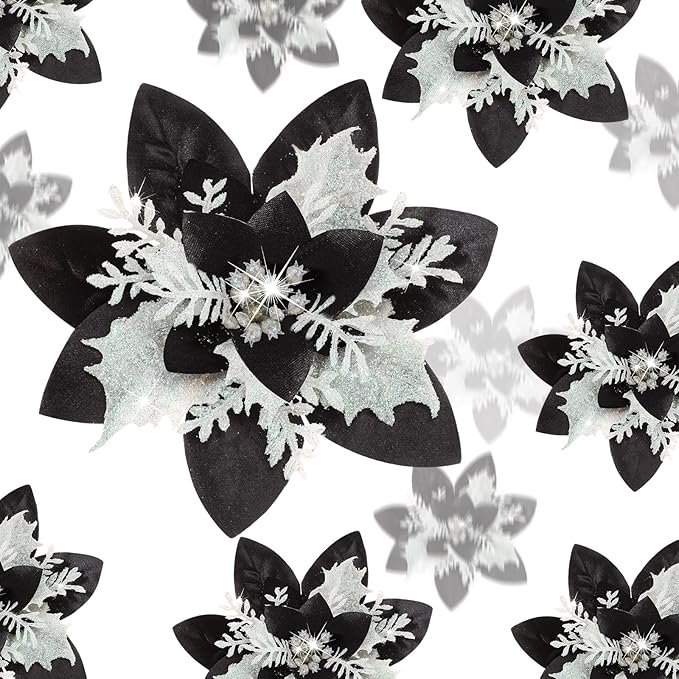 24 Christmas Glitter Artificial Poinsettia Flowers Xmas Poinsettia Artificial Wedding Flowers Decorations Xmas Tree Ornaments with Clips for Party Favors, 6 Inch, 4 Inch, 3 Inch (Black White, Gold)