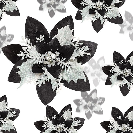 24 Christmas Glitter Artificial Poinsettia Flowers Xmas Poinsettia Artificial Wedding Flowers Decorations Xmas Tree Ornaments with Clips for Party Favors, 6 Inch, 4 Inch, 3 Inch (Black White, Gold)
