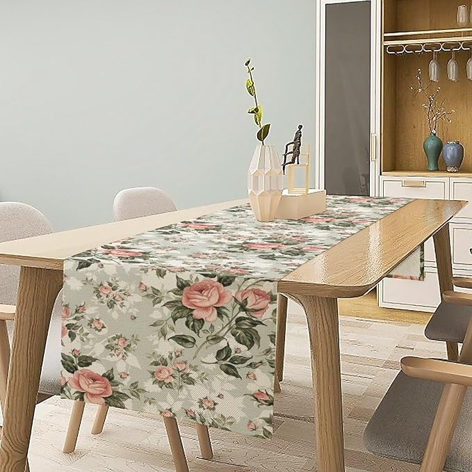 Rose Floral Table Runner, Green Pink Rose Leaf Classic Vintage Decorative Table Runner for Kitchen Dining Party Wedding Home Decor, 13x70 Inch