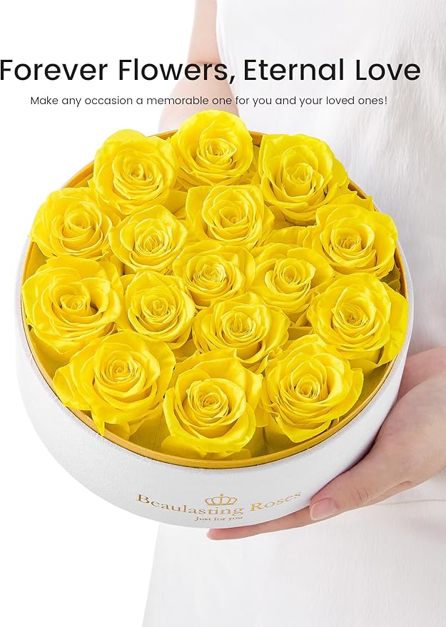 Preserved Roses Forever Flowers Real Roses in a Box Mother's Day Birthday Flowers for Her Mom Women Wife Valentine's Day, 16 Yellow Roses