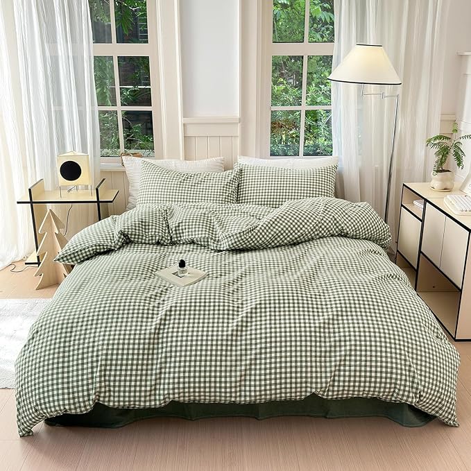 LifeTB Green Gingham Comforter Set King Modern Style Plaid Comforter Set 3 Pieces Boho Grid Comforter with 2 Pillowcases Soft Fluffy Checkered Pattern Comforter Farmhouse Gingham Bedding Set King