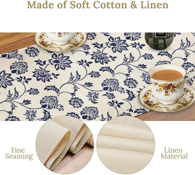Boho Floral Table Runner, Navy Blue Paisley Flower Traditional Porcelain Vintage Decor Table Runner for Kitchen Dining Party, 13x60 Inch