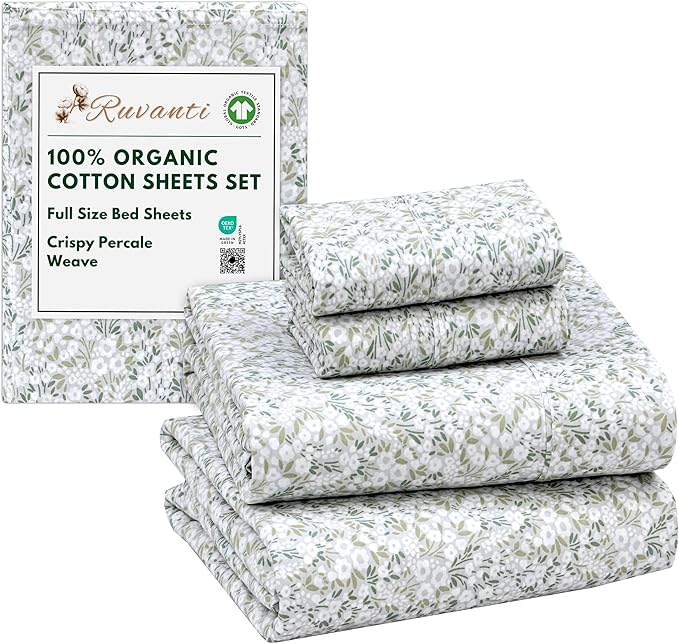 RUVANTI 100% Organic Cotton Sheets Full Size, Percale Weave, GOTS Certified, 4-Piece Set, Deep Pocket 15", Crisp & Breathable, Soft Durable Bedding, Sábanas Algodón Orgánico – Floral Rush