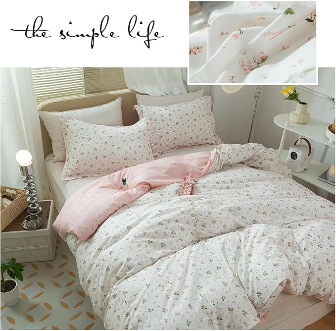 Girl Floral Duvet Cover Twin Pink White Flower Print Bedding Sets Garden Style Flower Comforter Cover Cotton Aesthetic Bedding Cover Chic Floral Bedroom Collection 1 Duvet Cover with 2 Pillowcases