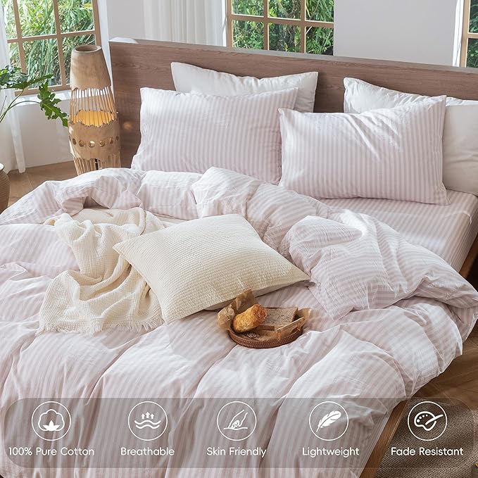 MooMee Striped Duvet Cover Set 100% Washed Cotton Linen Like Textured Breathable Durable Soft Comfy (Heathered Greyish Pink Classic Stripes, Cal King 104"x98")