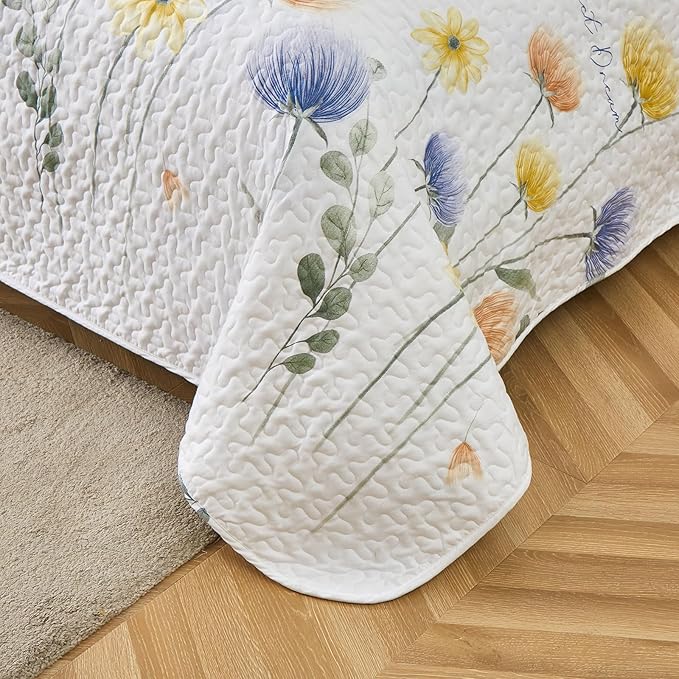 Floral Quilt Set California King Size,Gray Bedspread Farmhouse Bedding Set Soft Lightweight Quilts 3 Piece White Oversized Flower Bed Cover Sets for Fall Winter (Cal King,106"x95")