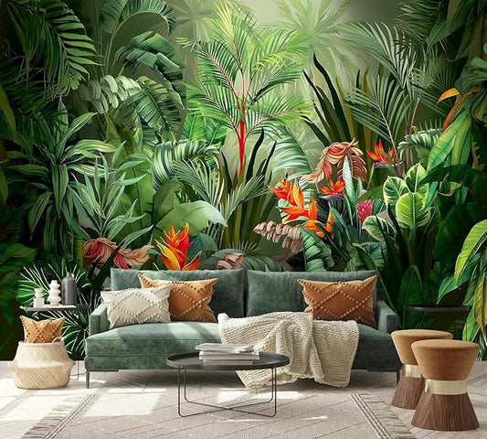 PYFFYP- Tropical Jungle wallppaper Green Leaf Jungle Wall murals for Bedroom(Not Peel and Stick)