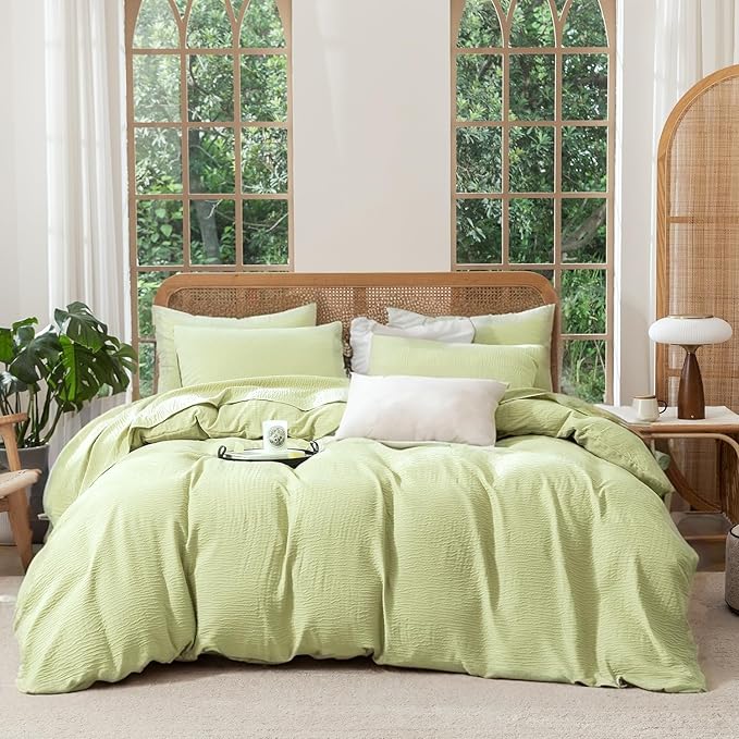King Size Duvet Cover Desert Sage, Luxury Soft Microfiber Double-Layer Crinkle Gauze Sage Duvet Cover, 3 Pieces Bedding for All-Season, Breathable with Zipper Closure