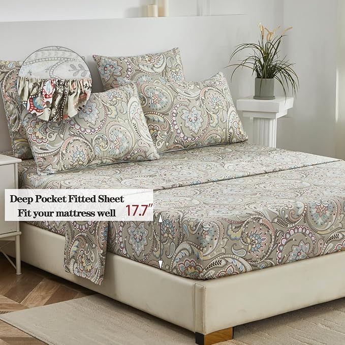 FADFAY Paisley Sheets Set Cal King Vintage Floral Bedding 100% Egyptian Cotton Soft Bed Sheets Luxury 17.7“ Deep Pocket Fitted Sheet Shabby Beige Boho Style for All Season, California King Size