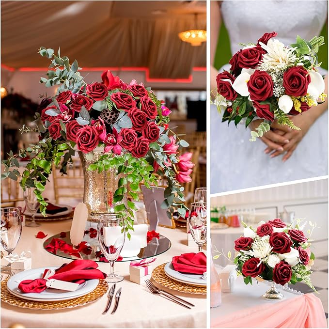 100 Pieces Artificial Foam Rose Flowers Faux Bouquet with Leaves and Stems for DIY Wedding Bouquets Centerpieces Bridal Shower Party Valentine Home Decorations(Burgundy)