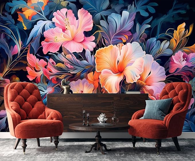 Hand-Painted Pink Botanical Floral Wall Mural, Peony Blossom Wallpaper, Decorative Background Mural（Non-self-Adhesive）