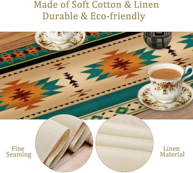 Aztec Southwest Table Runner, Ethnic Style Design Geometric Triditional Kitchen Table Runners Table Setting Decor for Garden Farmhouse Wedding Party Holiday Dinner Home, 13x108 Inch