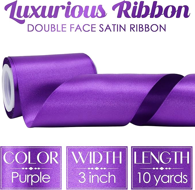 MEEDEE Purple Satin 3 Inch Ribbon Lux Double Faced Satin Ribbon Dark Purple Halloween Ribbons by 10 Yards Purple Ribbons for Christmas Tree, Flower Bouquet, Weddings, Bow Making