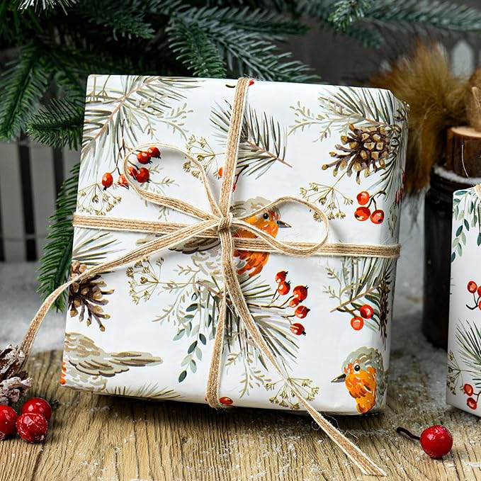MAYPLUSS Christmas Wrapping Paper Roll - 17 In x 33 Feet - Cute Watercolor Bird Pinecone Gift Wrap Paper for New Year, Holiday, Kids