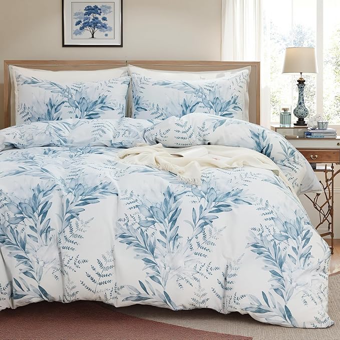 100% Cotton Duvet Cover King Size 3 Pieces, Blue Leaf Duvet Cover with Zipper Closure, Soft Floral Bedding Set White and Blue for All Season, Breathable, Ultra Soft