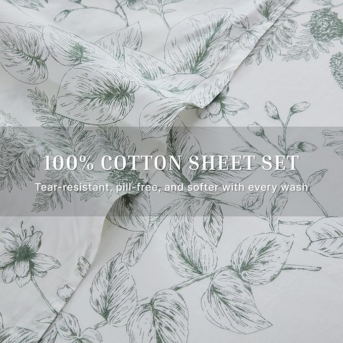 100% Cotton Sheet Set King Size – 4-Piece Chic Garden Floral Bedding Set, Soft Breathable Percale Weave, Deep Pocket Fitted Sheet 17.5", Crisp Cool Feel, Refined Botanical Elegance