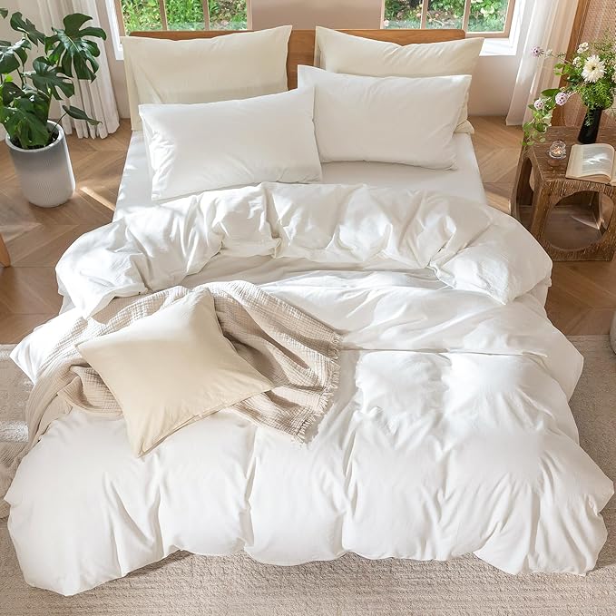 MooMee Bedding Duvet Cover Set 100% Washed Cotton Linen Like Textured Breathable Durable Soft Comfy (Solid Off White, Cal King 104"x98")