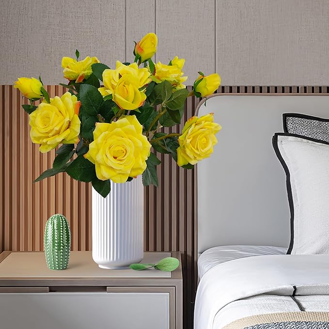 ATFL Fake Flowers, Yellow Rose,6 Pcs Faux Silk Real Touch Moisturizing Artificial Rose Flowers for Decoration,Flores Irosas Artificiales para Decoracion (6, Yellow)