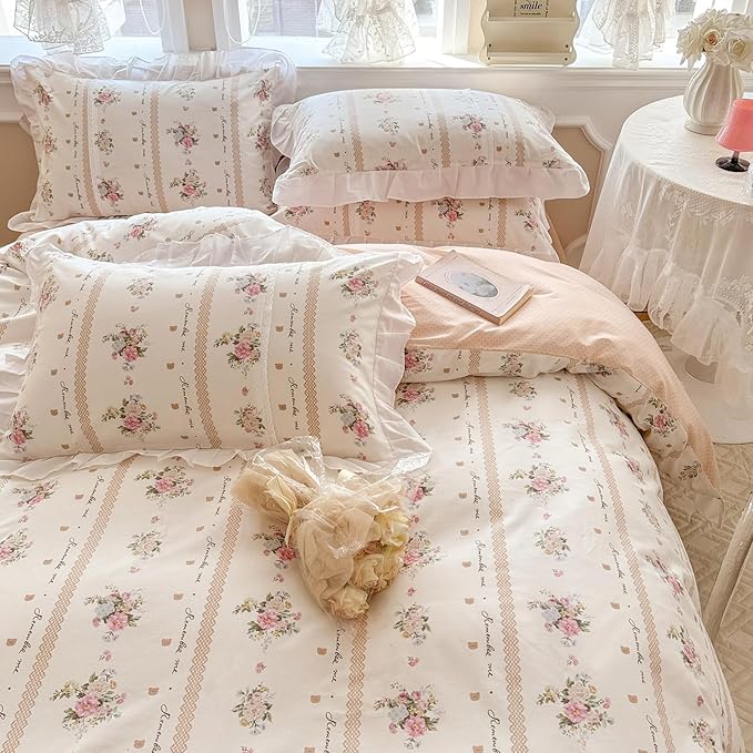 VM VOUGEMARKET Pink Flower Comforter Set Twin White Ruffle Down Comforter with 2 Pillow Shams Cute Romantic Girls Lace Comforter Set Reversible Lightweight(3pcs,Twin XL)