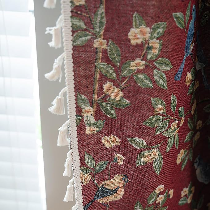ENJOYBRIDAL Floral 63 Inch Curtains for Living Room Maroon Drapes Bird Pattern Jacquard Short Window Curtain Panels Rod Pocket Bedroom Farmhouse Boho Tassel Semi Blackout 2 Panels Window Treatments