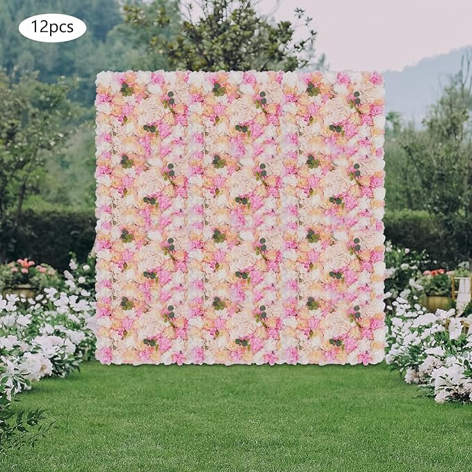 12PCS Flower Wall Panels, 3D Silk Floral Wall Backdrop, Realistic Pink Rose Flower Backplanes, Roll Up Fake Flower Background for Valentines Wedding Party Home Decoration