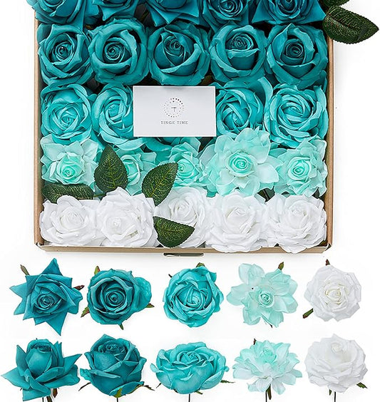 TINGE TIME Artificial Flowers, 25pcs Real Looking Teal Green Rose Fake Roses w/Stem for DIY Wedding Bouquets Centerpieces Arrangements Party Baby Shower Home Decorations