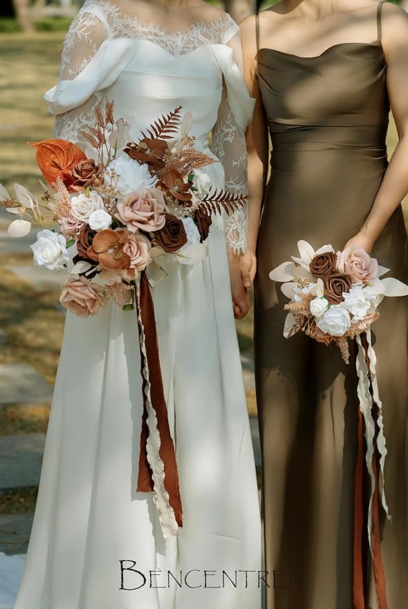 14 Inch Walnut Brown Bridal Bouquet,Wedding Bouquet,Bride Bouquets for Wedding Ceremony Anniversary, Boho Wedding,Party and French Rustic Vintage Wedding,Artificial Flowers