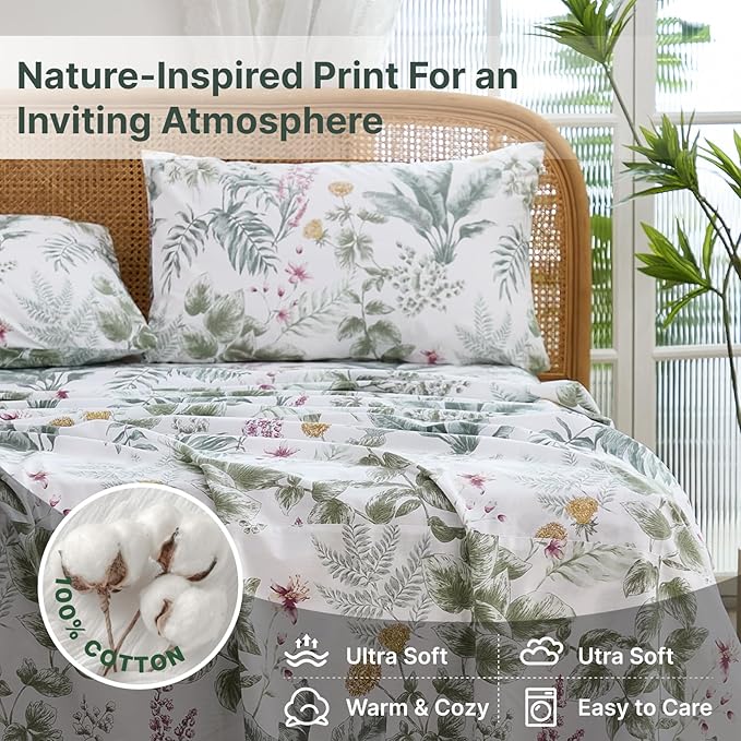 100% Cotton Sheet Set King Size – 4-Piece Vintage Sage Green Floral Bedding Set, Soft Breathable Percale Weave, Deep Pocket Fitted Sheet 17.5", Crisp Cool Feel, Refined Botanical Elegance