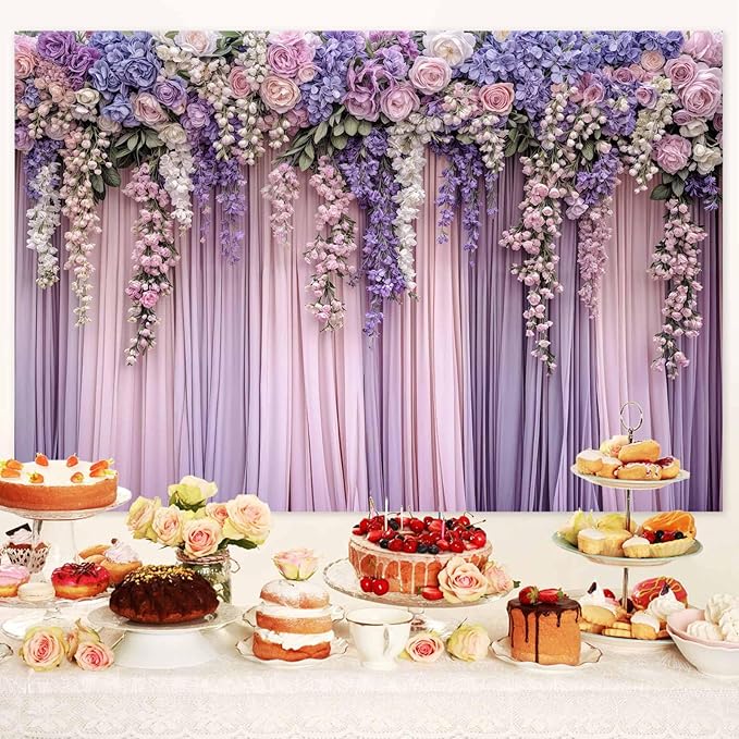 8x6ft Purple Flower Wedding Photography Backdrop Lavender Floral Wedding Bridal Photography Backdrop Anniversary Birthday Baby Shower Girl Party Banner Photo Booth Props Background Wall Decor