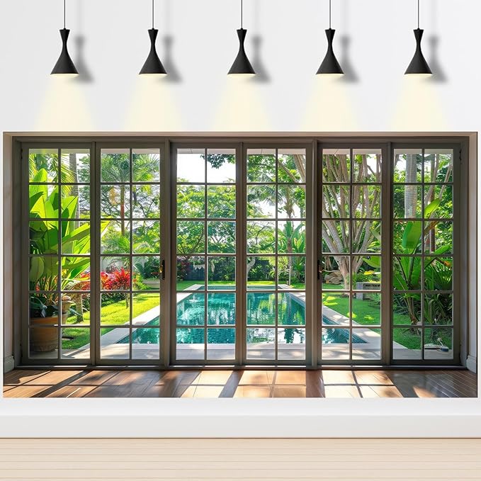 Window Scenery Photography Backdrop Windowsill Backyard with Pool and Garden Background Tropical Plants Photocall Background Party Banner Wall Decor Baby Kids Family Photo Shoot Props 20x10ft