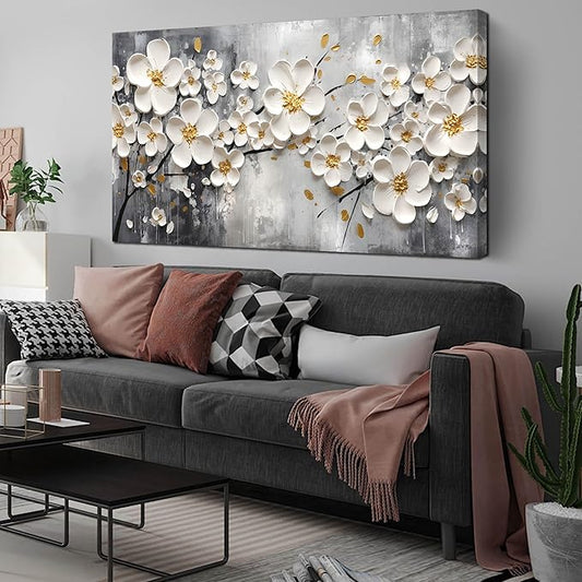 Large Pictures for Living Room - White Flower Canvas Wall Art for Bedroom - Modern Wall Decor for Office Women Size 29" x 59"
